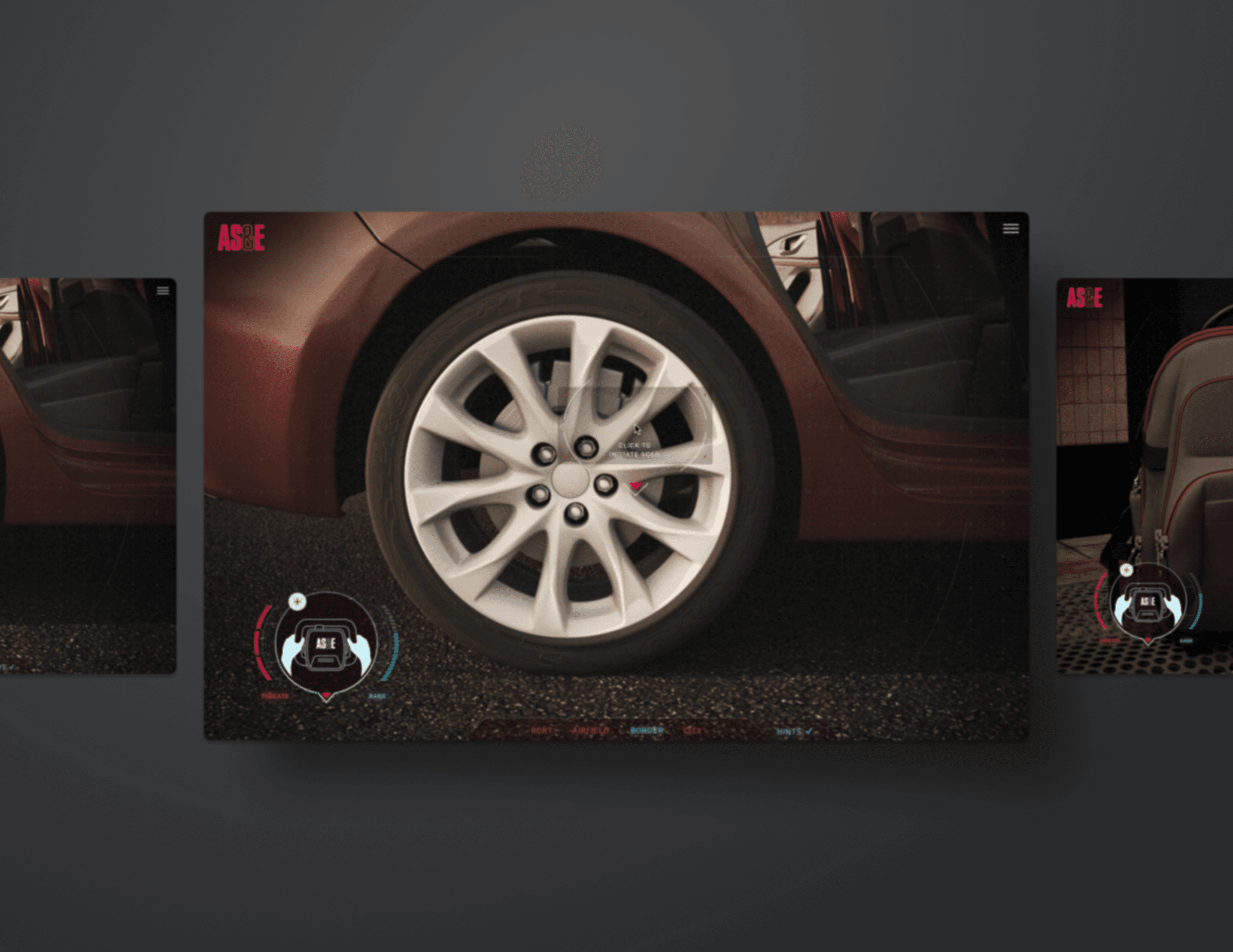 A screenshot of the interactive scanning interface in the Meet Mini Z demo experience. It is centered on a closeup of a car wheel, with overlay text of Click to initiate scan. In the corner of the screen is a graphic with progress indicators for Threats and Rank, and a menu along the bottom of the screen displays other game location options. Two other screenshots of the scanning interface are partially visible to either side of the main image.